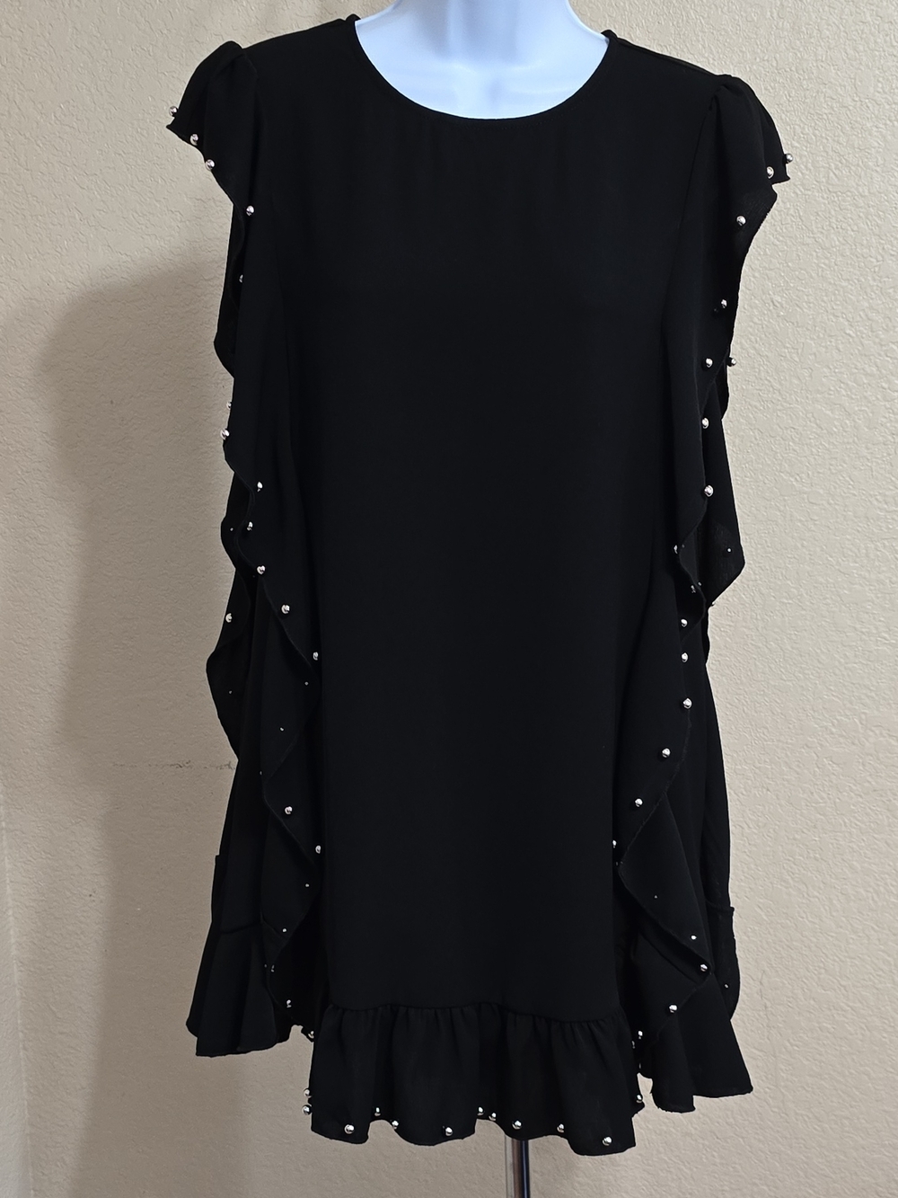 TCEC Black Mini Dress with Pearl Trim